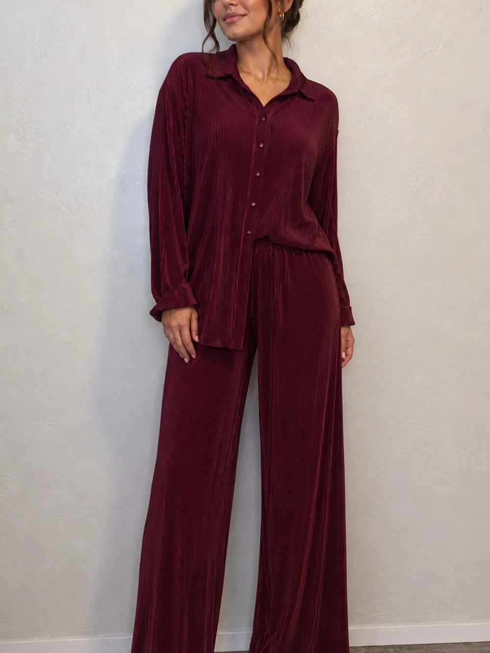 Wide-Leg Velvet Pants Set - Burgundy